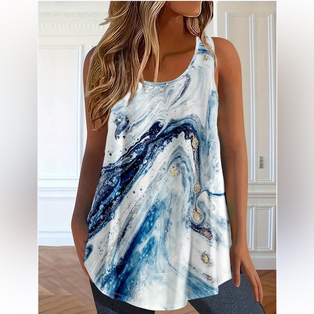 Temu Women’s Casual Sleeveless Tank Top Marbled Blue & White Striped Design